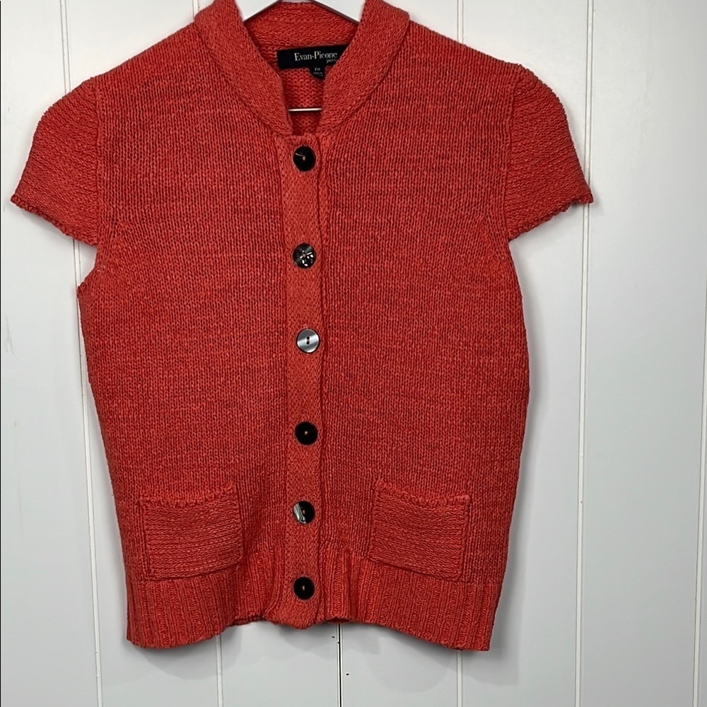 Evan-Picone Womens Cardigan PM Orange/Tangerine Cap Sleeves Crop Tricot Knit EUC